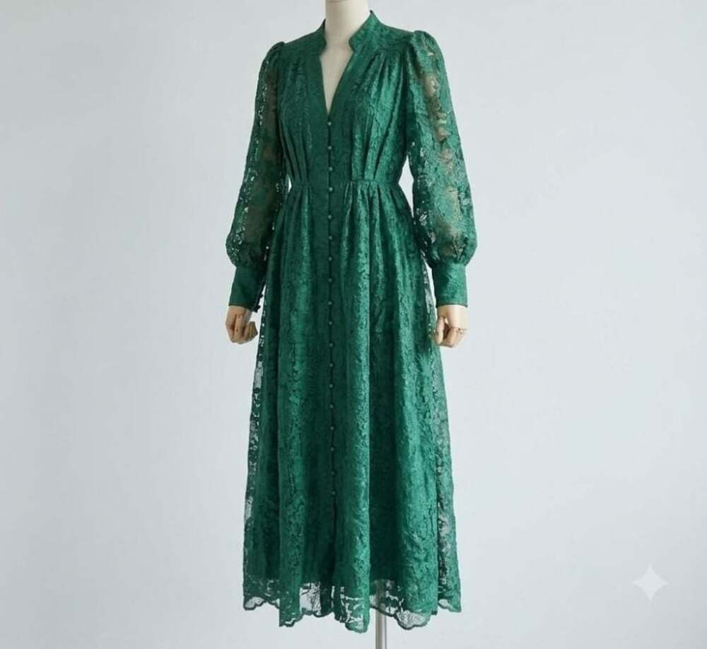 Karolina Green Floral Embroidered Lace Long Sleeve Button-Down Midi Dress